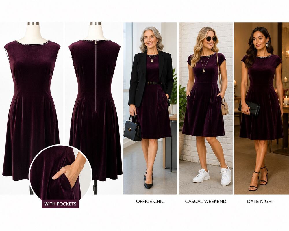 Vince Camuto Purple Velvet Fit & Flare Dress with Pockets | Sleeveless | Size 6